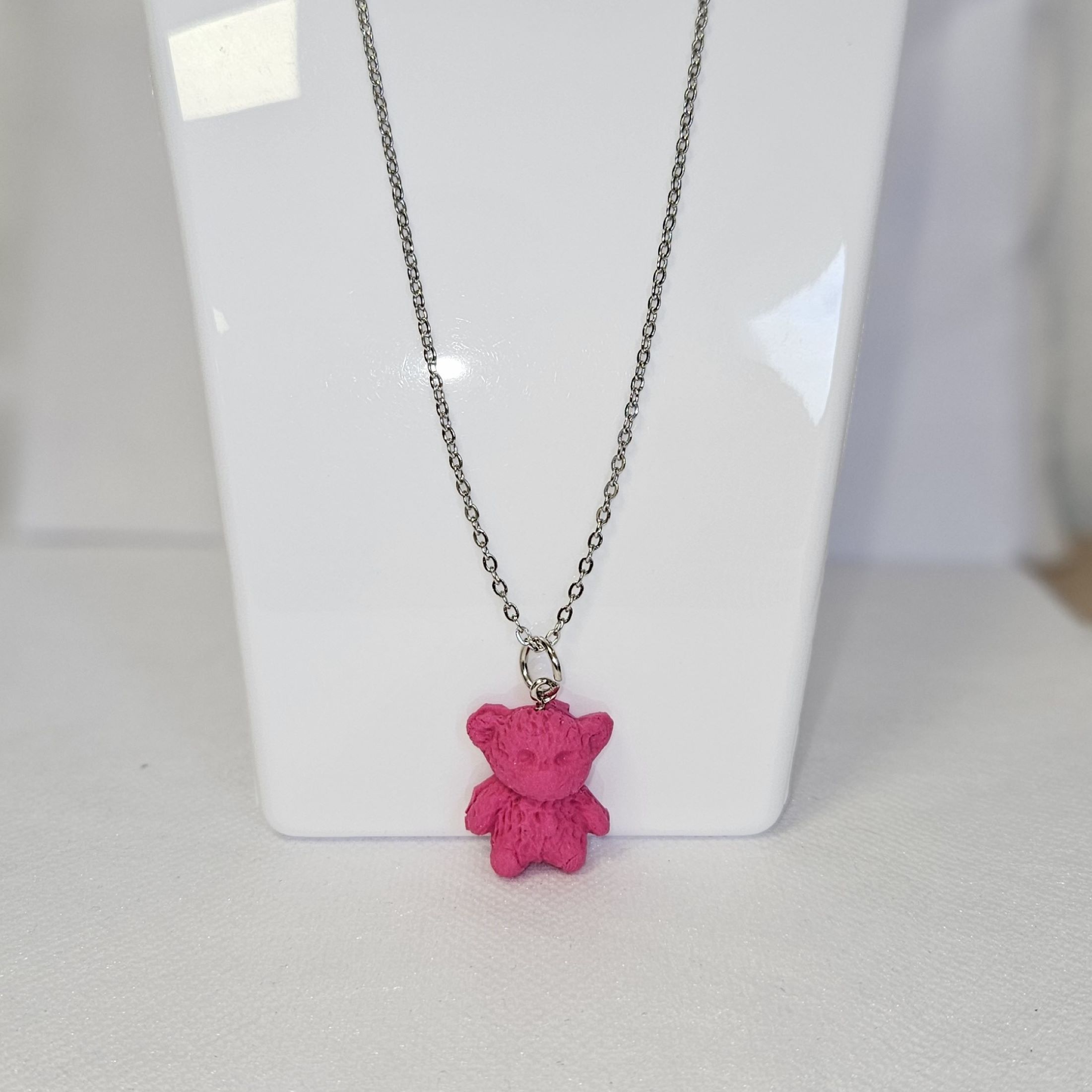Collier nounours rose cordon argenté